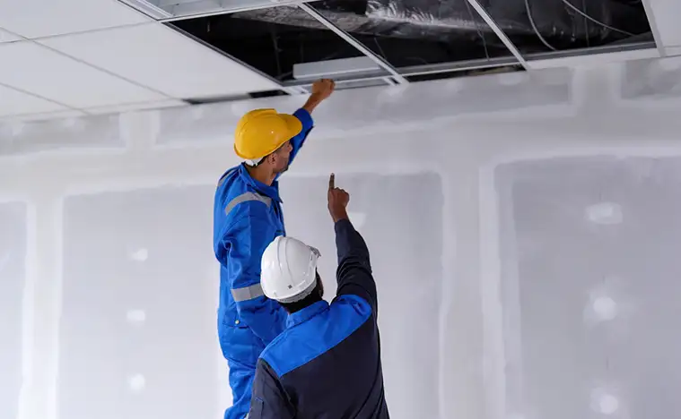 Two maintenance men work on the HVAC.